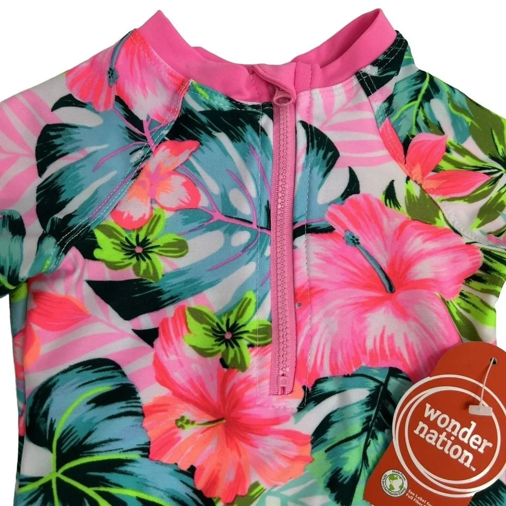 Wonder Nation Swimsuit Toddler Sz 18M Tropical Hawaiian Floral UPF 50 Rash Guard - Picture 2 of 12